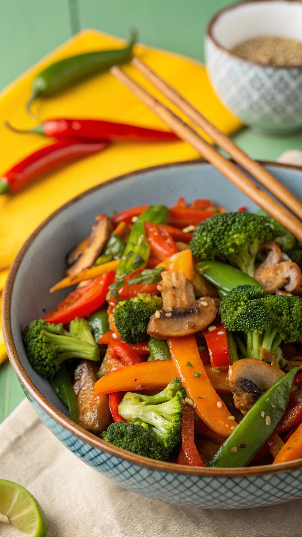 A colorful vegetable stir-fry with broccoli, bell peppers, and mushrooms in a bowl