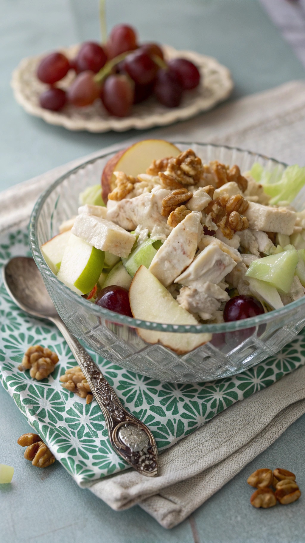 A bowl of classic Waldorf chicken salad with apples, grapes, and walnuts on a green patterned napkin.