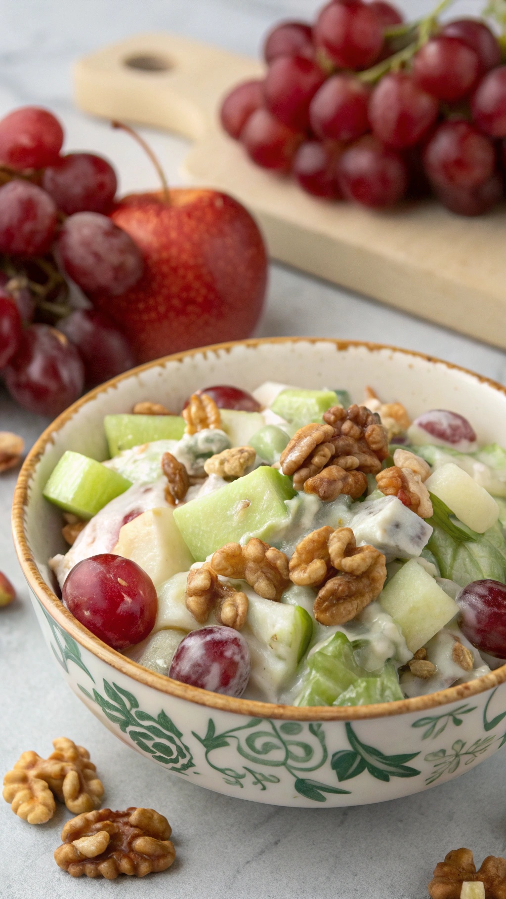 A bowl of classic Waldorf salad with grapes, apples, celery, and walnuts, surrounded by fresh grapes and an apple.