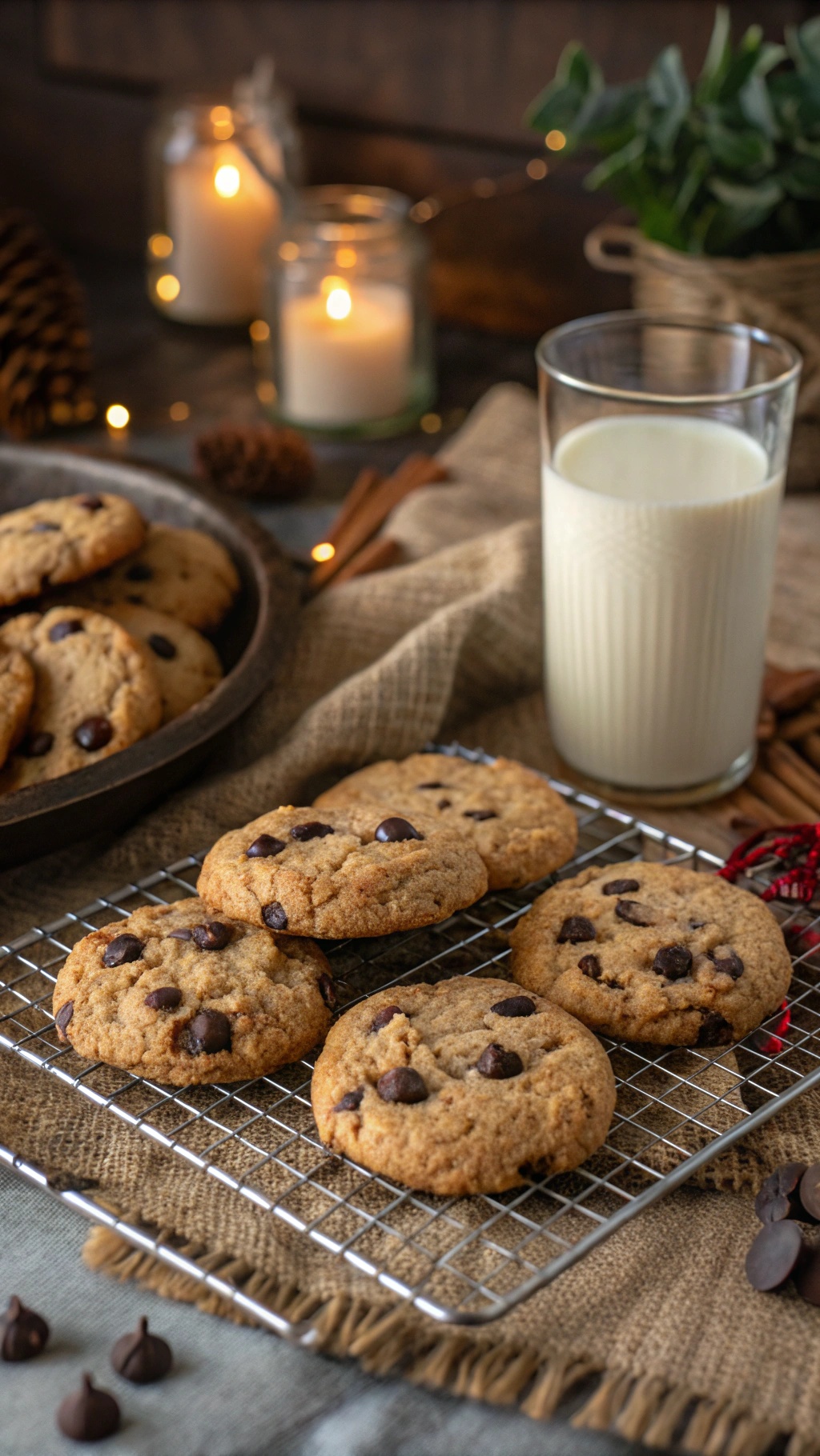 Freshly baked whole wheat chocolate chip cookies cooling on a wire rack with a glass of milk.