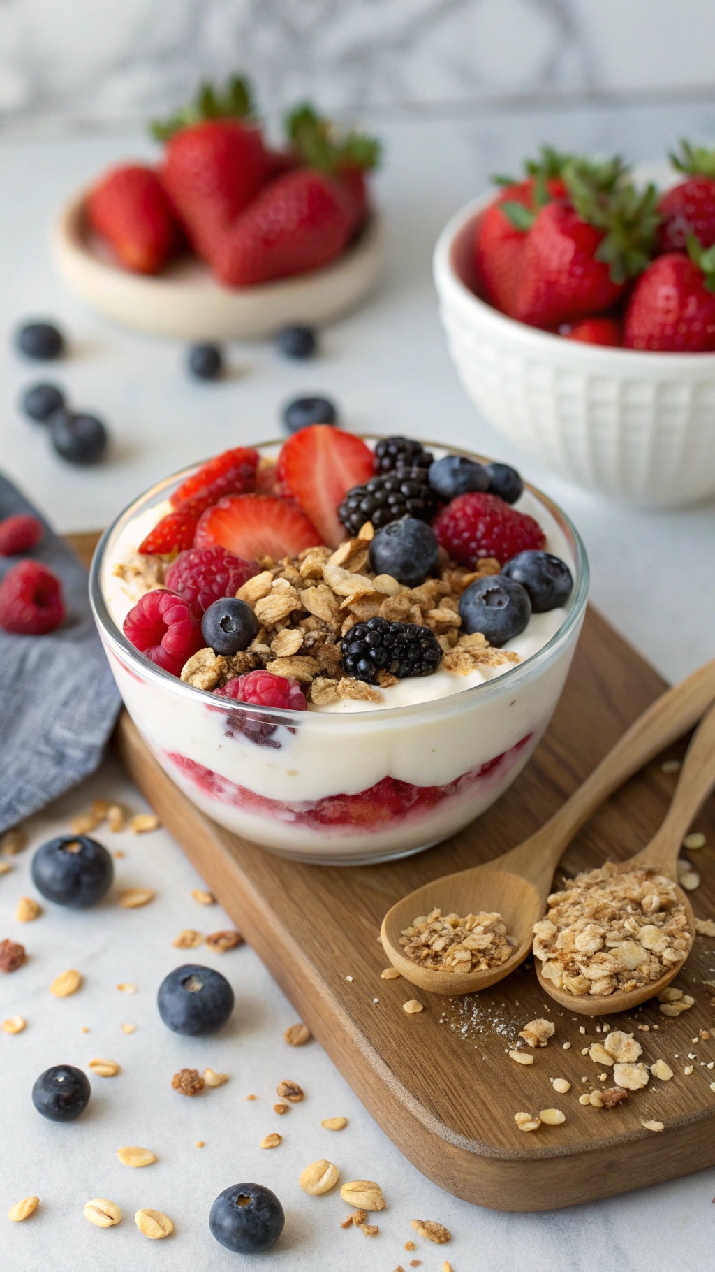 A classic yogurt parfait smoothie bowl topped with fresh berries and granola