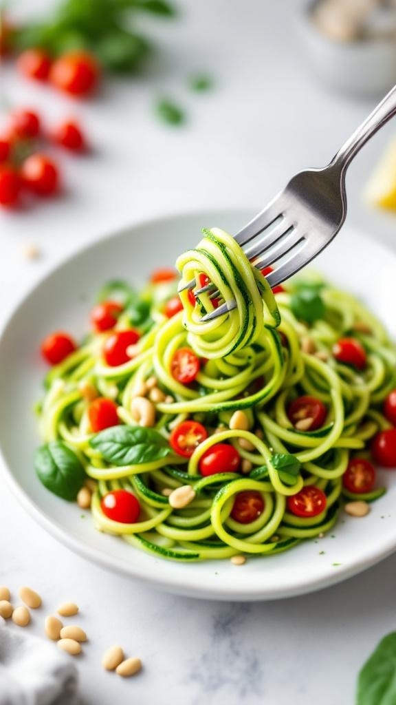 A plate of zucchini noodles with pesto, cherry tomatoes, and pine nuts, garnished with fresh basil.