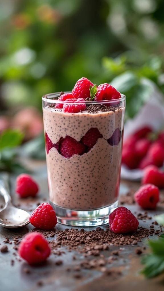 A glass of cocoa and raspberry chia seed pudding topped with fresh raspberries and cocoa nibs.