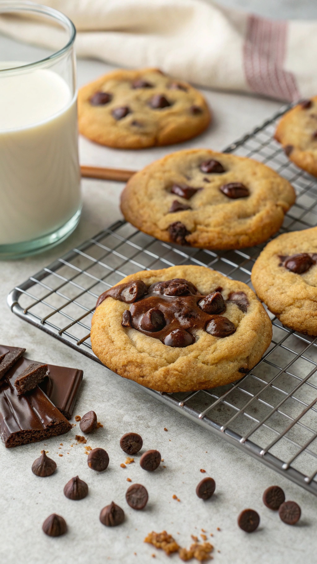A plate of warm chocolate chip cookies with a glass of milk beside them.