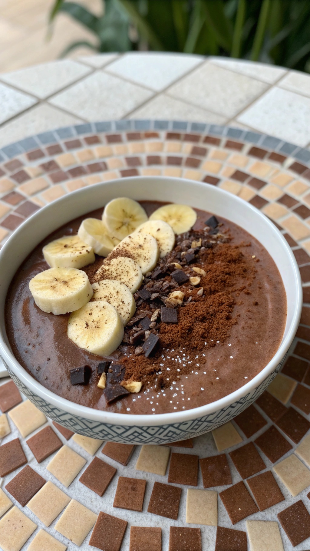 A delicious chocolate banana smoothie bowl topped with banana slices, chocolate chunks, and cocoa powder on a decorative tiled surface.