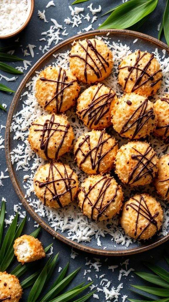 A plate of healthy coconut macaroons drizzled with dark chocolate, surrounded by shredded coconut.