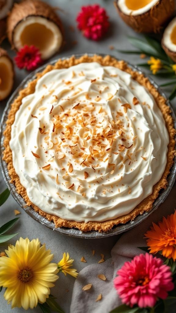 A coconut cream pie topped with whipped cream and toasted coconut flakes, surrounded by colorful flowers and coconut shells.