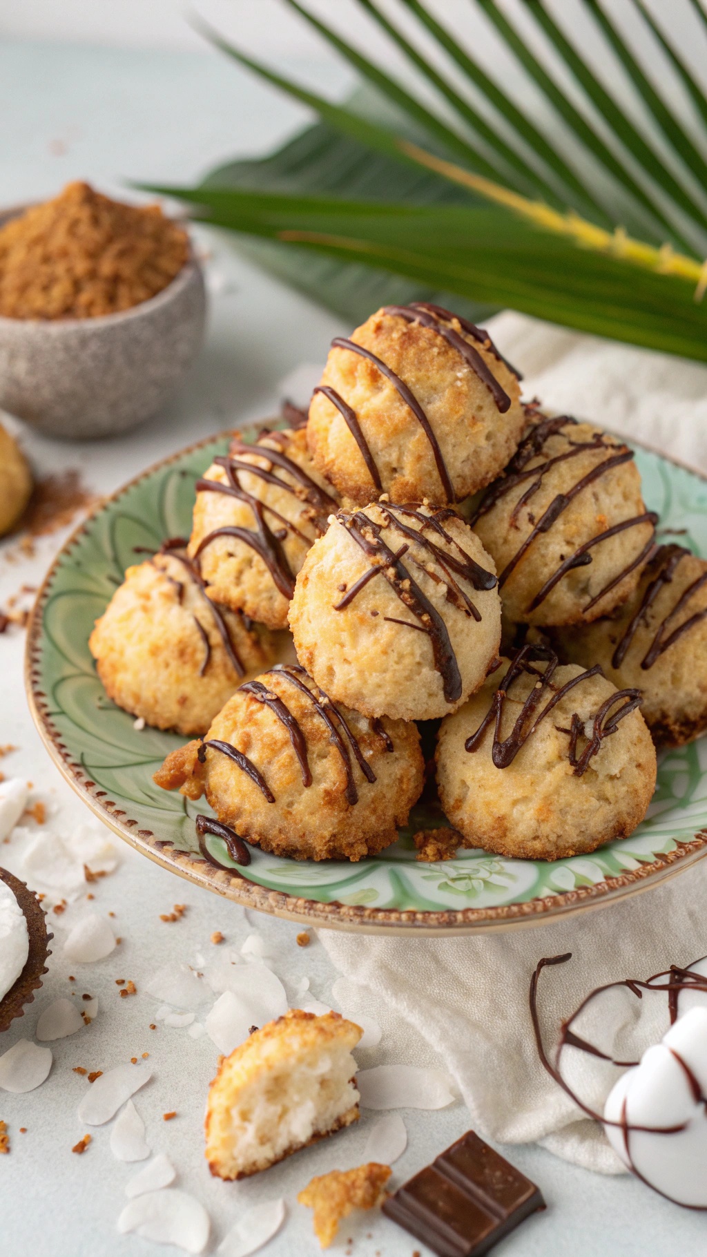 A plate of coconut macaroons drizzled with chocolate, surrounded by coconut flakes and chocolate pieces.