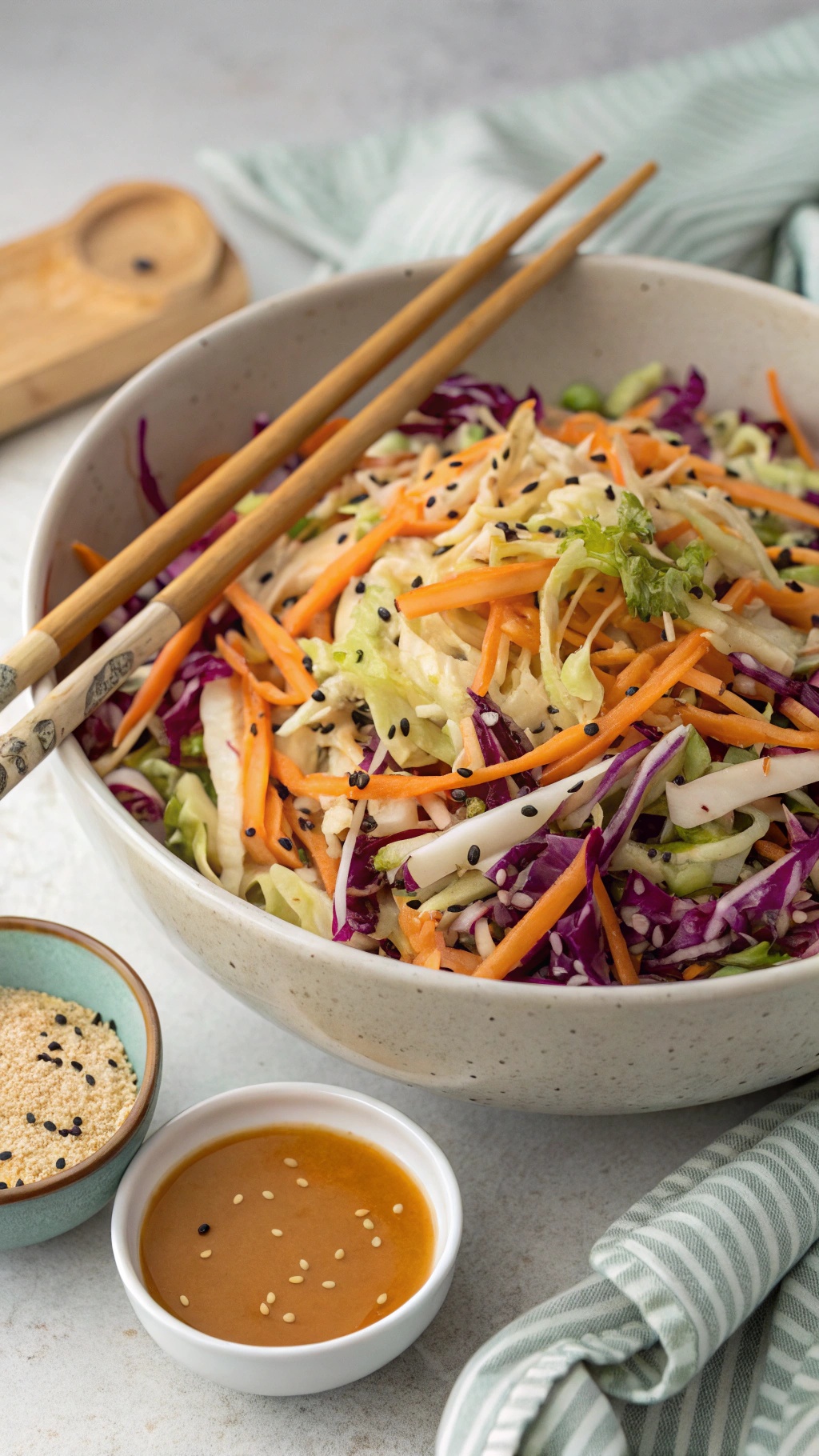 A colorful Asian slaw salad with shredded cabbage, carrots, and a sesame dressing, served in a bowl with chopsticks.
