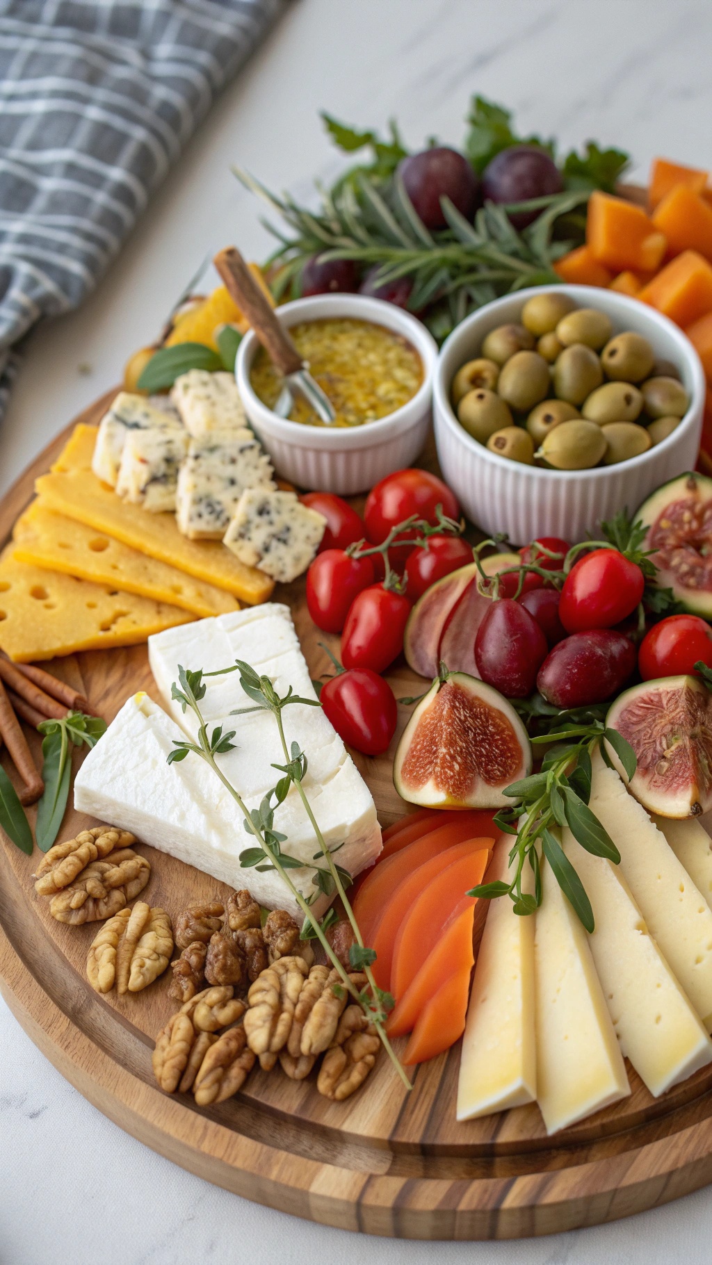 A colorful Mediterranean cheese board featuring various cheeses, fruits, olives, and nuts arranged on a wooden platter.