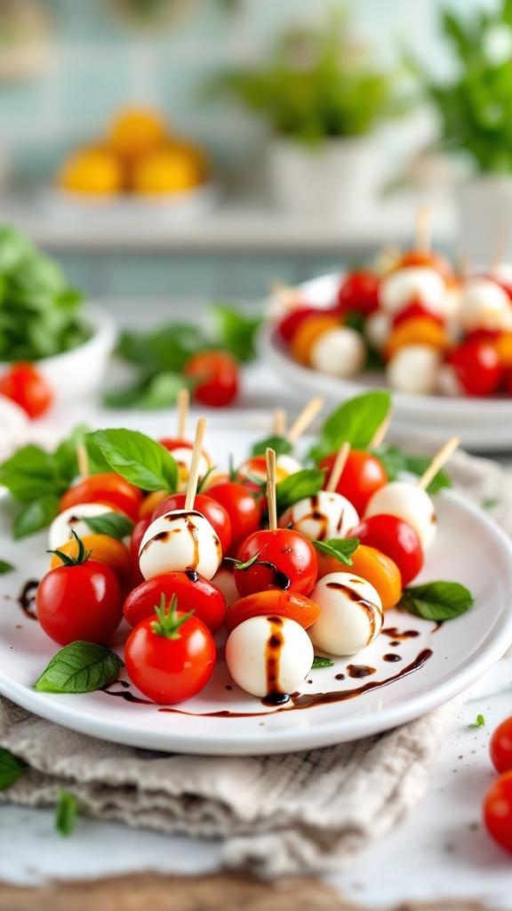 Colorful mini Caprese skewers with cherry tomatoes, mozzarella balls, and basil leaves drizzled with balsamic glaze.
