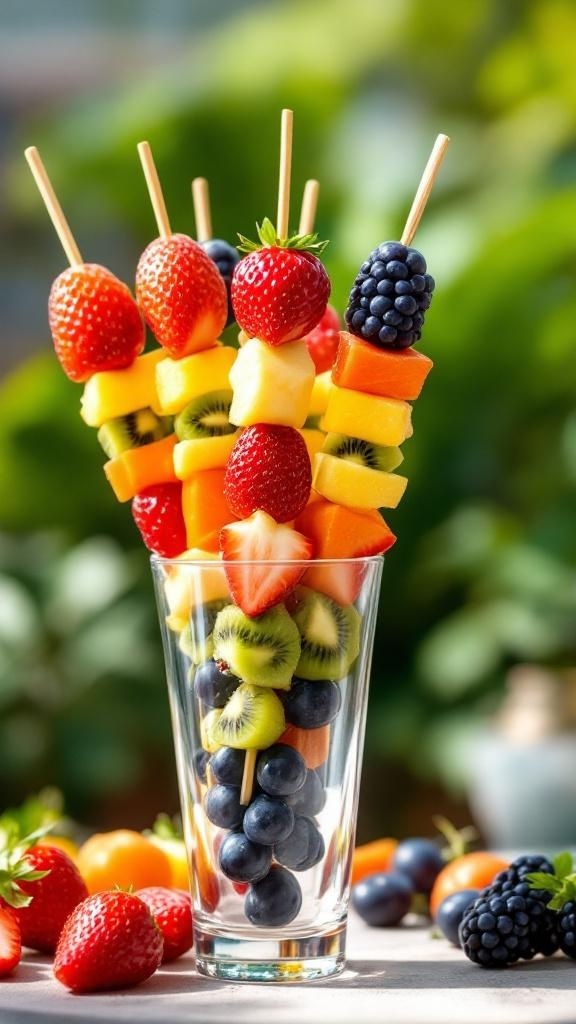 Colorful rainbow fruit skewers displayed in a glass