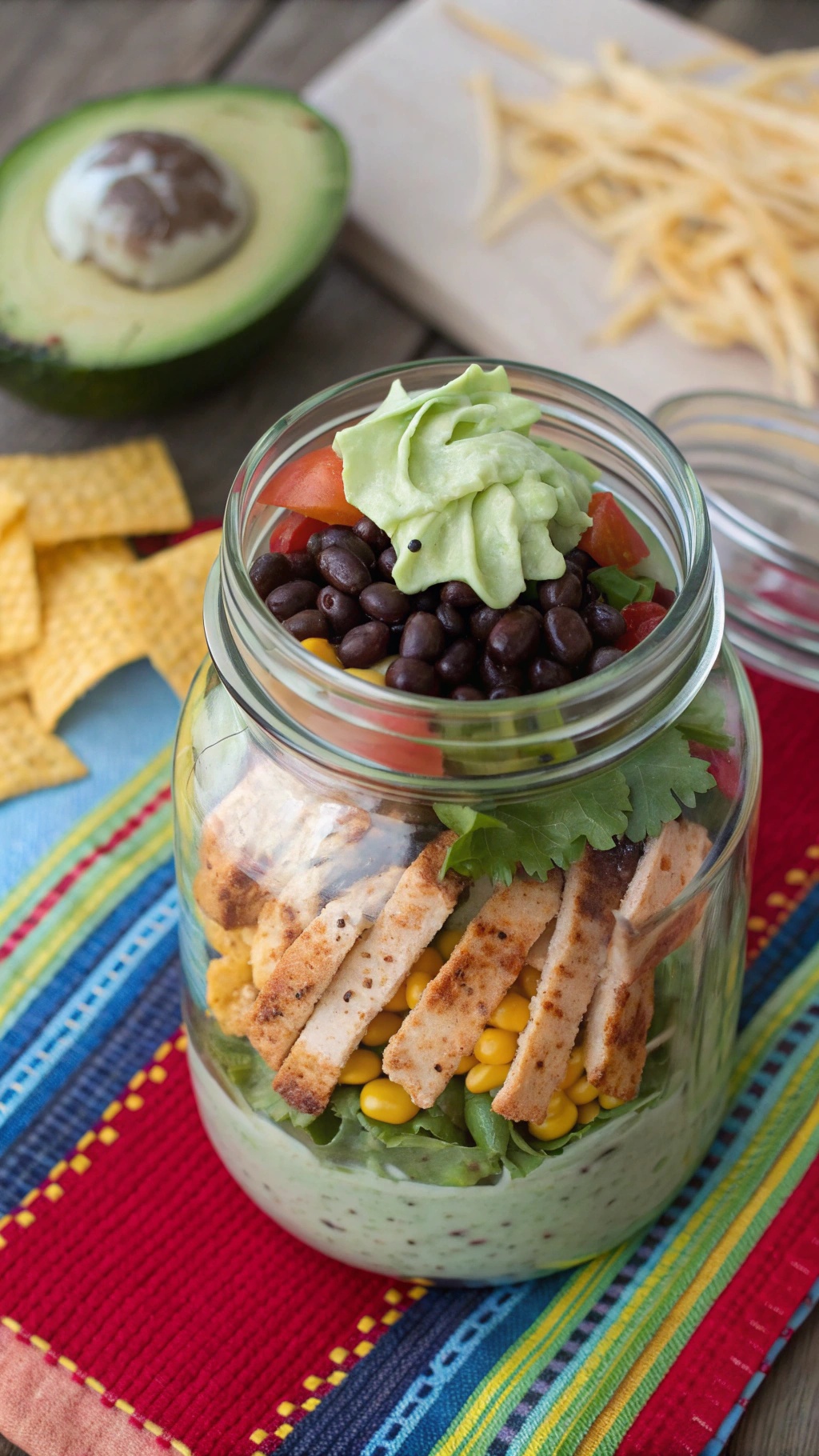 Colorful Southwest Chicken Salad Jar with layers of greens, chicken, beans, and avocado dressing
