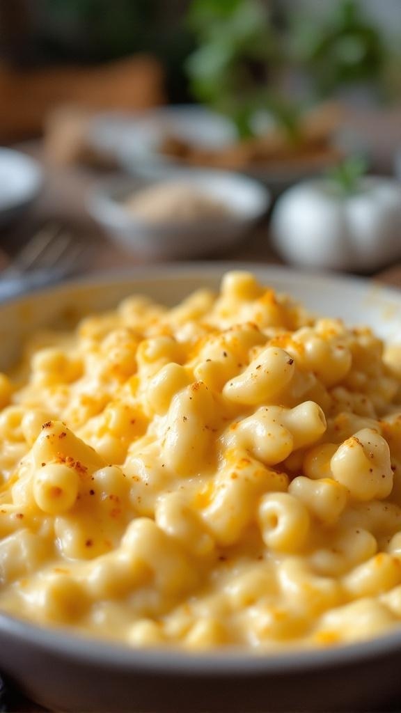 A bowl of creamy Keto Cauliflower Mac and Cheese topped with seasoning.