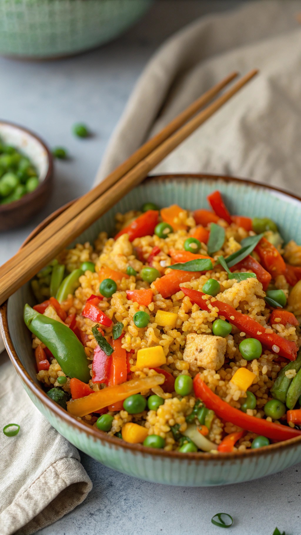 A bowl of colorful cauliflower rice stir-fry with vegetables and tofu, served with chopsticks.