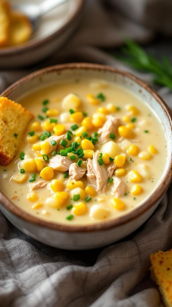 A bowl of creamy chicken chowder with corn and chives, served with a piece of cornbread.