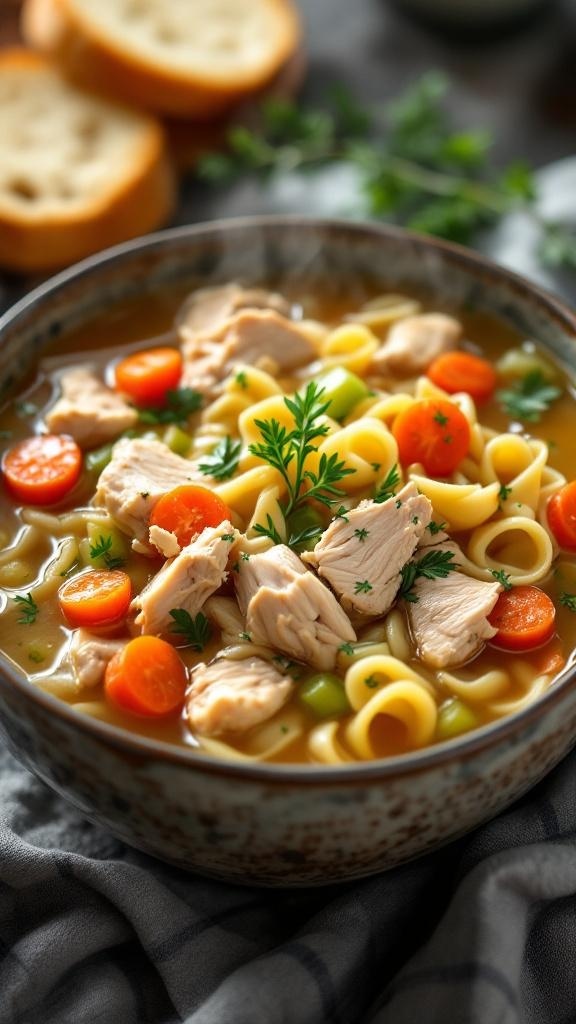 A bowl of chicken noodle soup with rotisserie chicken, carrots, and noodles, garnished with parsley.