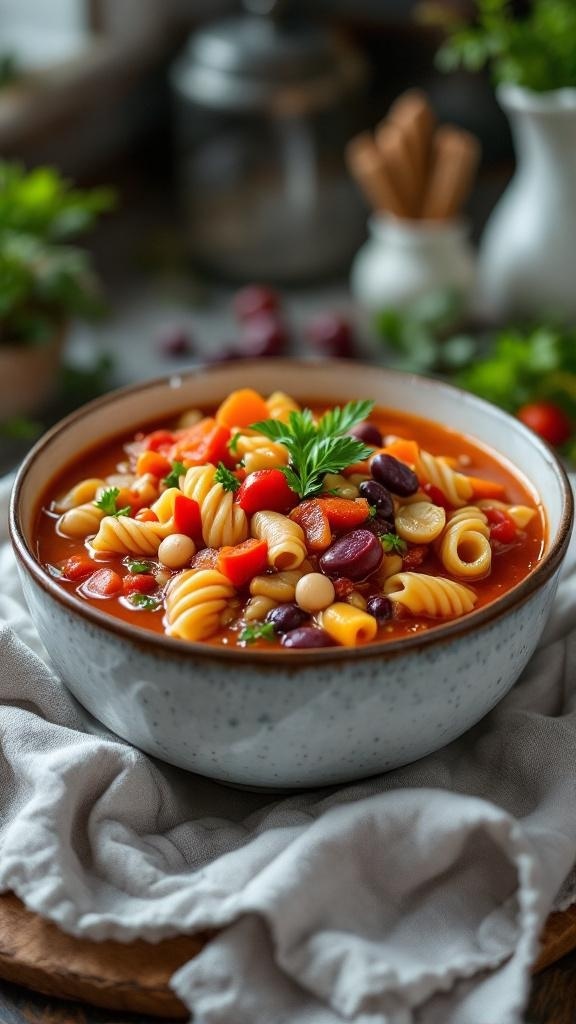 A bowl of colorful minestrone soup with pasta and vegetables.