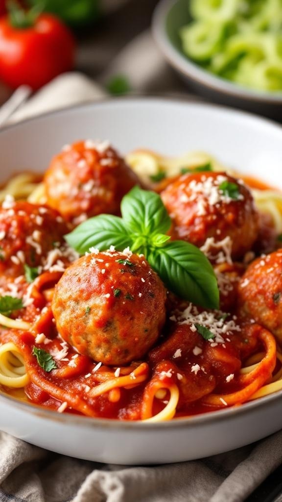 A bowl of meatballs in marinara sauce garnished with basil, served over spaghetti.