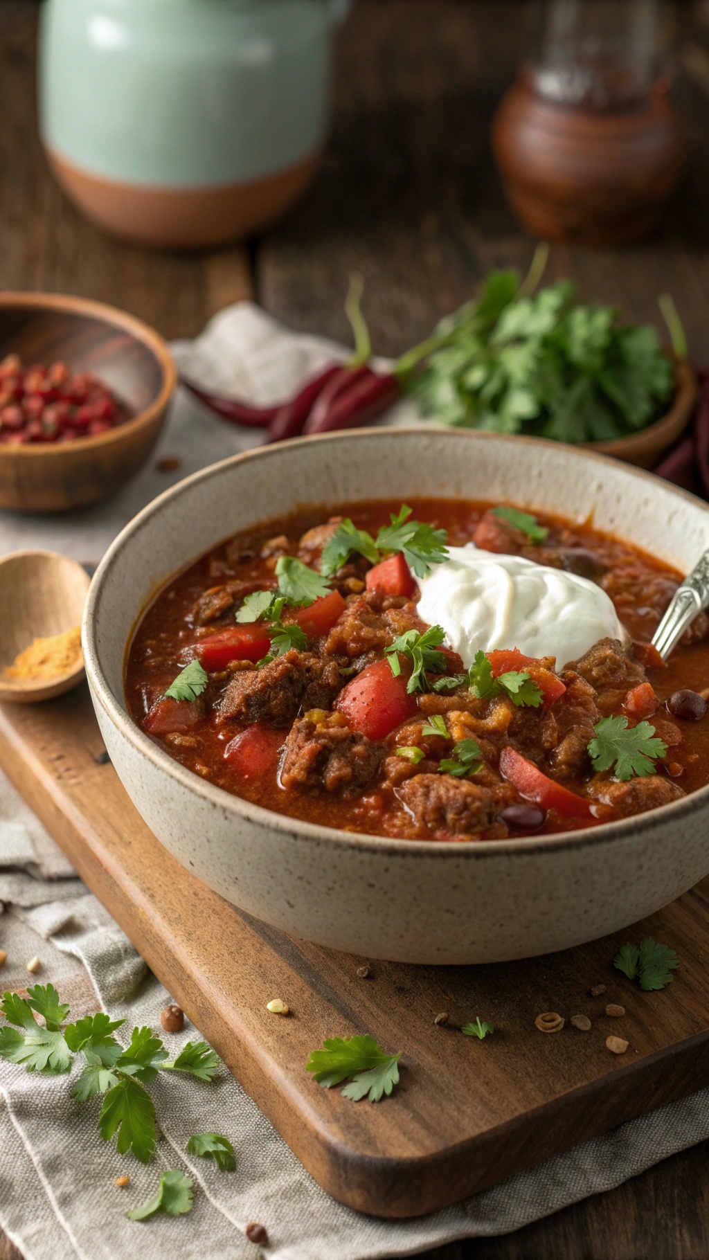 A comforting bowl of low-carb beef chili topped with sour cream and cilantro, served on a wooden board.
