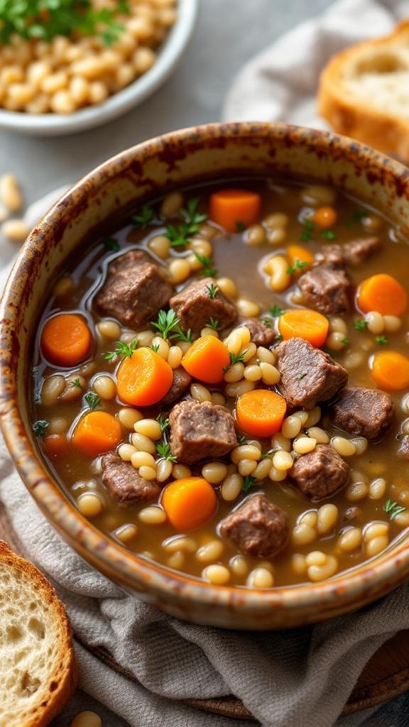 A bowl of beef and barley soup with carrots and herbs, surrounded by slices of bread.