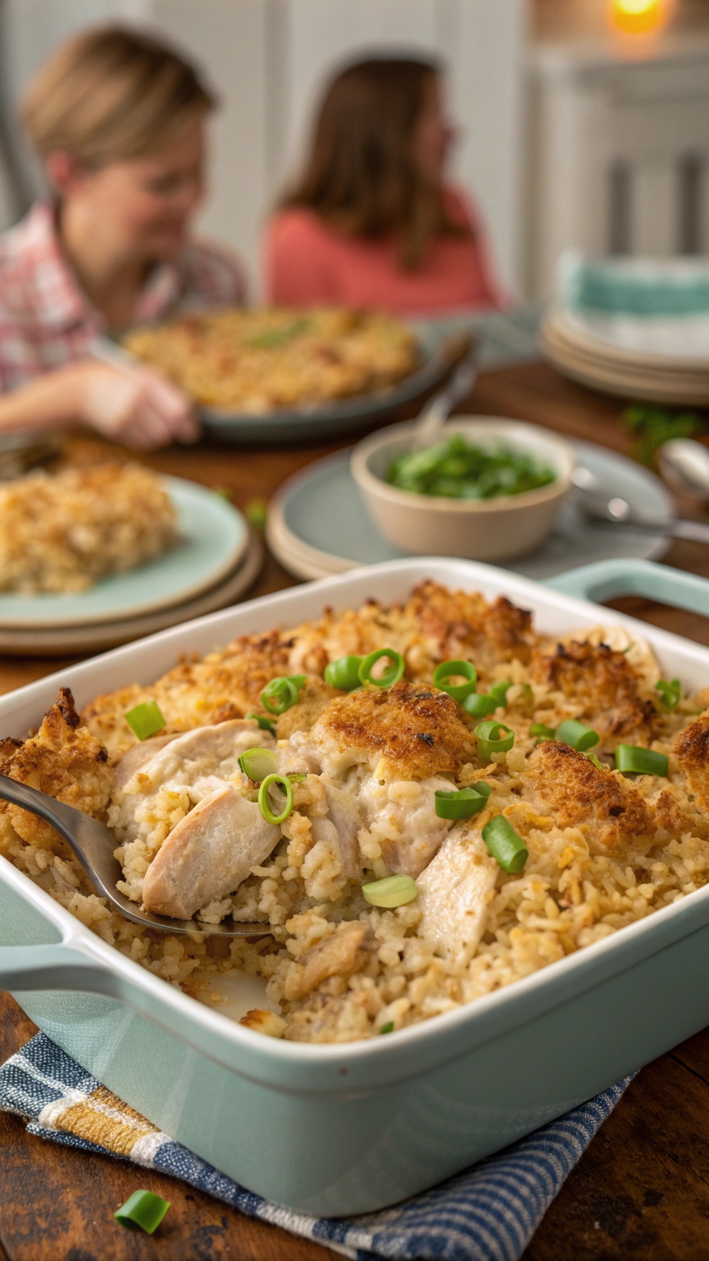 A comforting one-pot chicken and rice casserole topped with green onions, served in a baking dish with plates in the background.