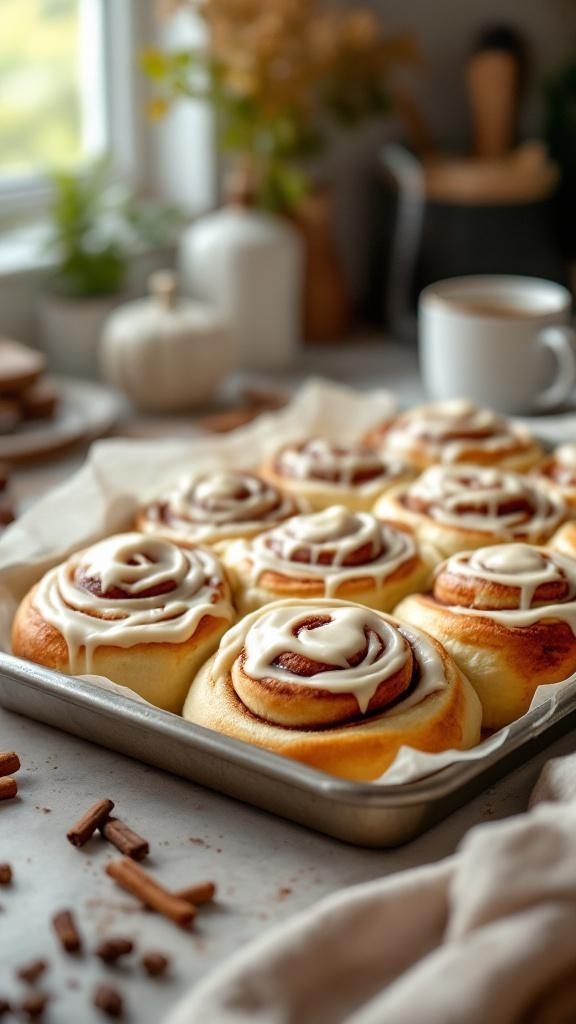 A tray of freshly baked vegan cinnamon rolls topped with creamy frosting, surrounded by a cozy kitchen setting.