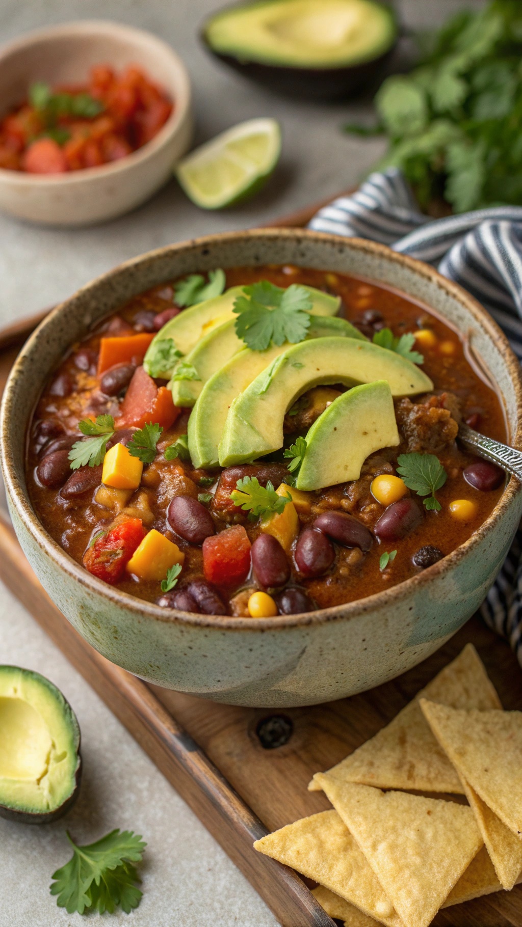 A bowl of vegetable and bean chili topped with avocado slices and cilantro, served with tortilla chips.