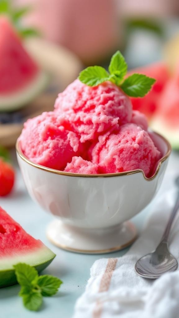 A bowl of pink watermelon sorbet garnished with mint leaves, with watermelon slices in the background.