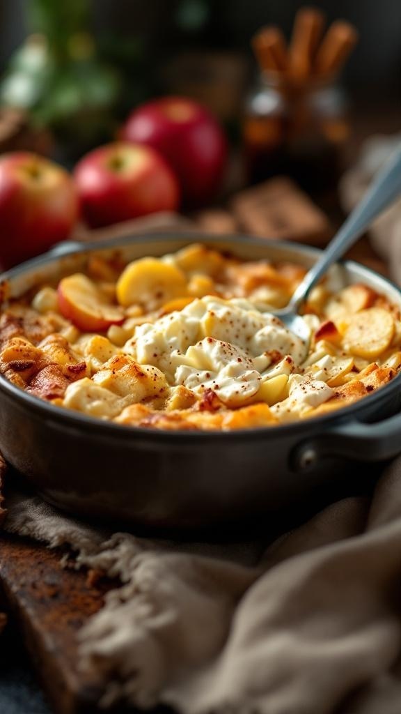 A cozy apple cinnamon bake topped with cottage cheese, surrounded by fresh apples and cinnamon sticks.