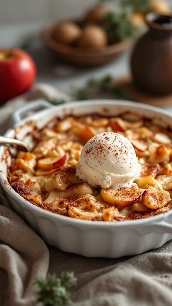 A delicious cottage cheese and apple cinnamon bake topped with a scoop of ice cream.