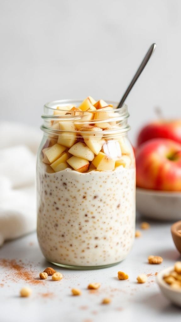 A jar of apple cinnamon overnight oats with diced apples on top, surrounded by fresh apples.