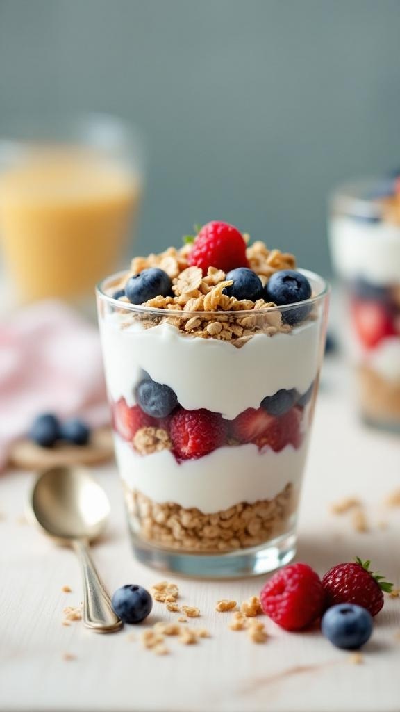 A delicious cottage cheese and berry parfait in a glass, layered with granola and topped with fresh berries.