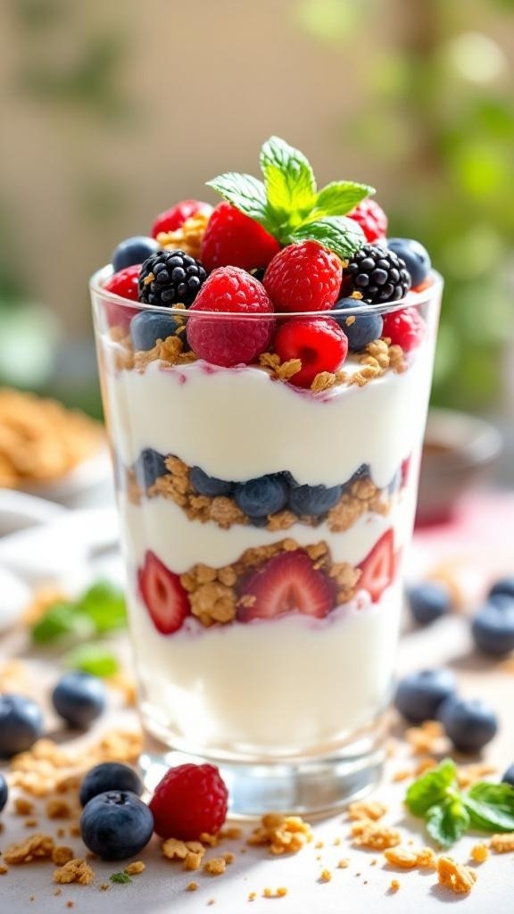 A delicious cottage cheese and berry parfait layered with fresh berries and granola.