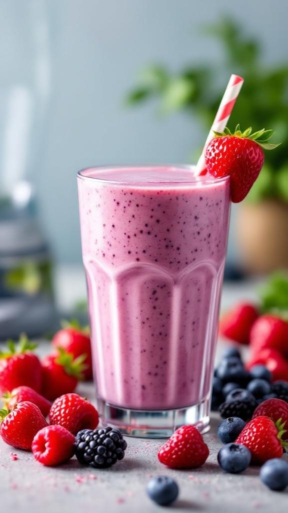 A refreshing cottage cheese and berry smoothie in a glass, surrounded by fresh berries.