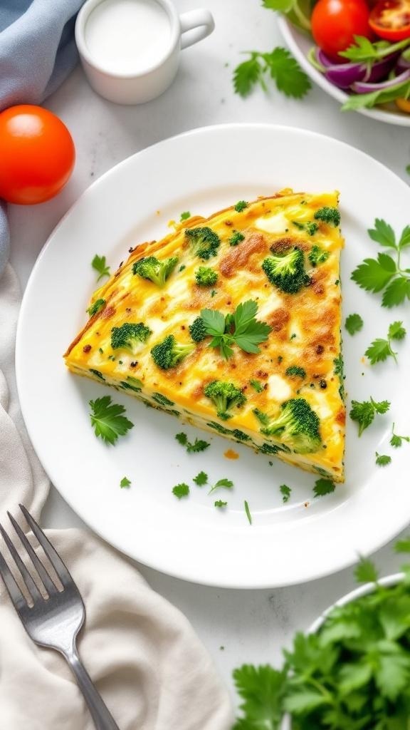 A slice of broccoli frittata on a white plate, garnished with herbs, with fresh vegetables in the background.
