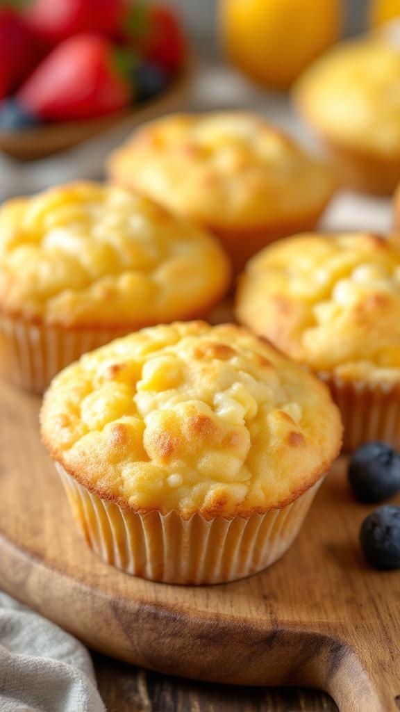 Golden-brown cottage cheese and egg muffins on a wooden board with fresh berries in the background.