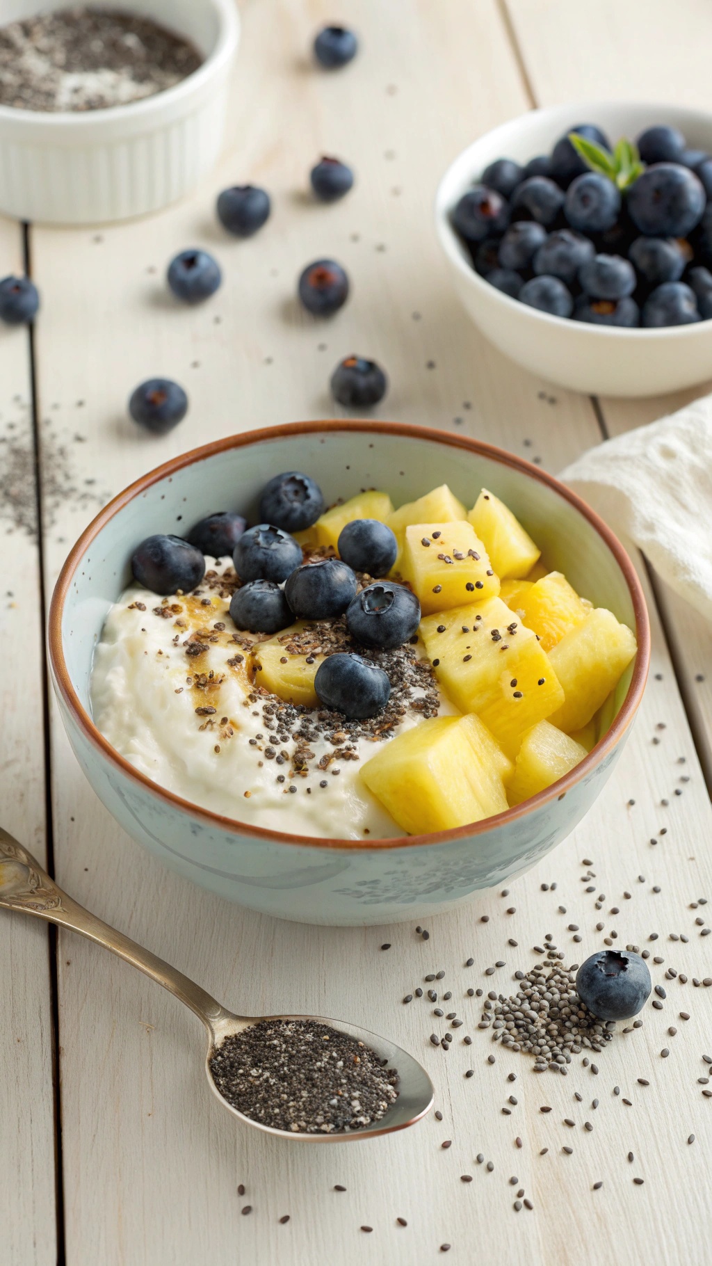 A bowl of cottage cheese topped with pineapple and blueberries, with chia seeds sprinkled on top.