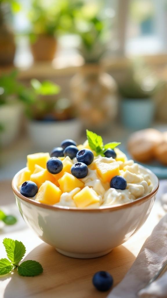 A bowl of cottage cheese topped with diced mango and blueberries, garnished with mint leaves.