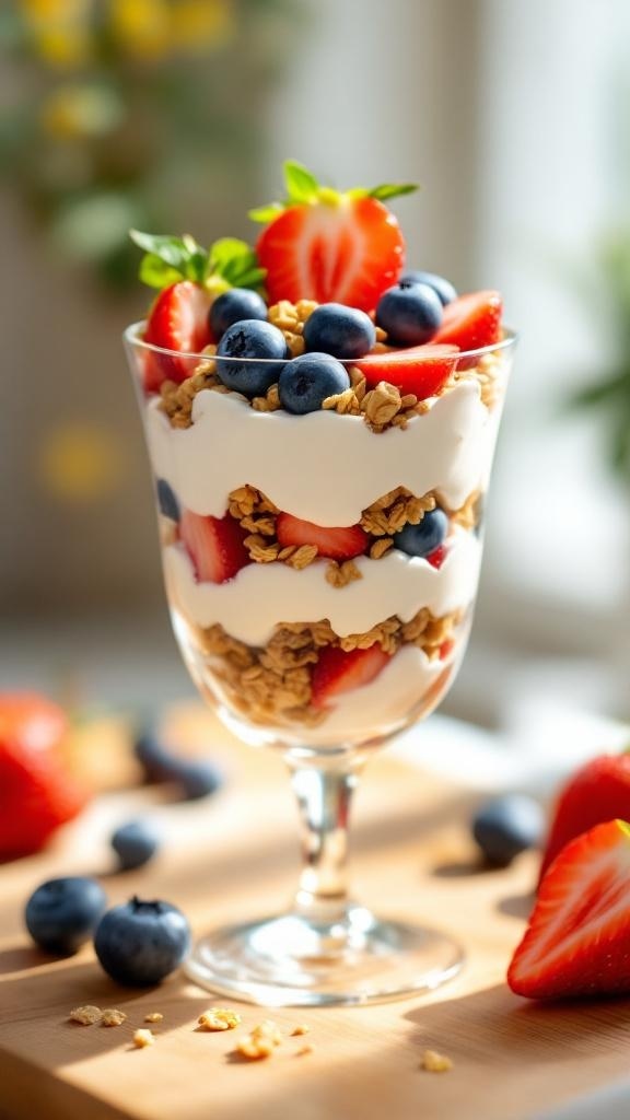 A delicious cottage cheese and fruit parfait with layers of cottage cheese, strawberries, blueberries, and granola.