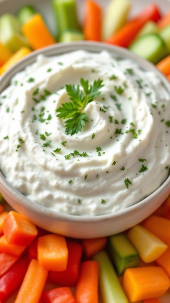Cottage cheese dip garnished with parsley, surrounded by colorful vegetable sticks.