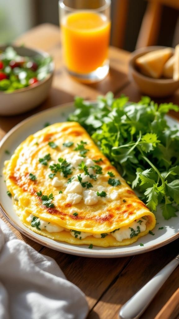 A delicious cottage cheese and herb omelette served with fresh greens and a side of salad.