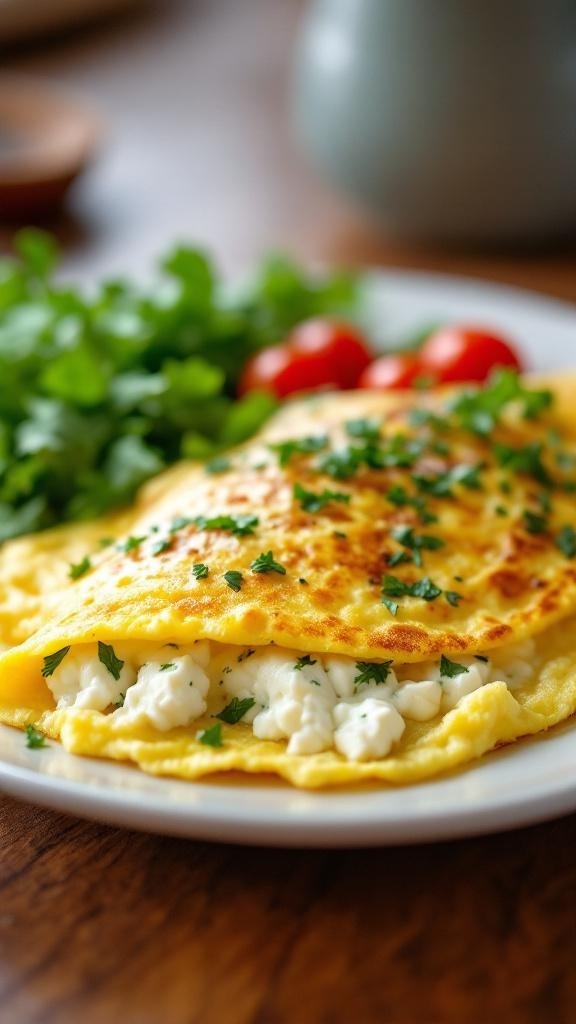 A delicious cottage cheese and herb omelette served with cherry tomatoes and greens.