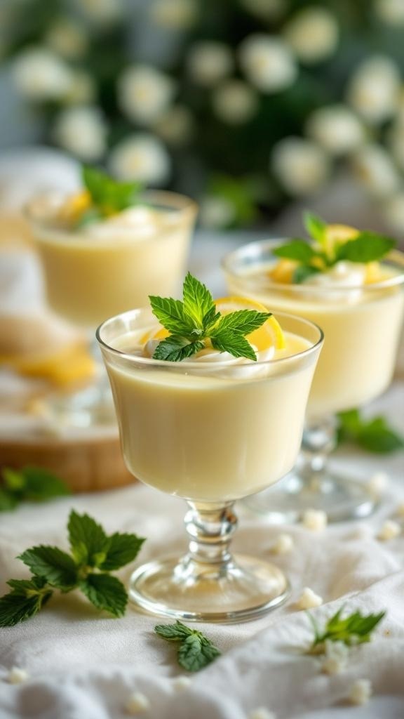 Cups of lemon pudding garnished with mint and lemon slices