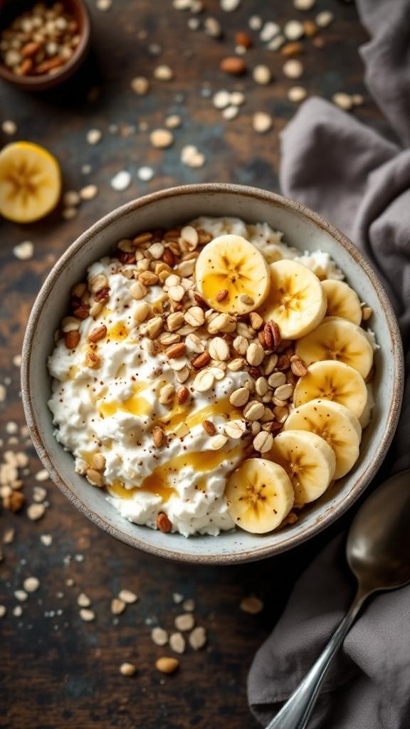 A bowl of cottage cheese topped with sliced bananas, granola, and honey on a wooden table.