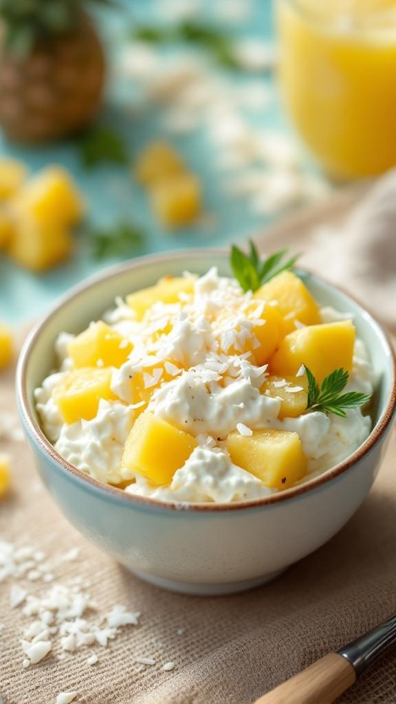 A bowl of cottage cheese topped with pineapple and coconut, garnished with mint leaves.