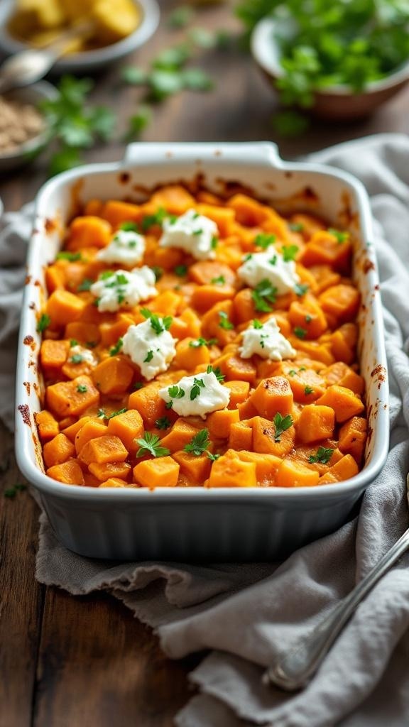 A baked dish of sweet potatoes topped with cottage cheese and garnished with parsley.