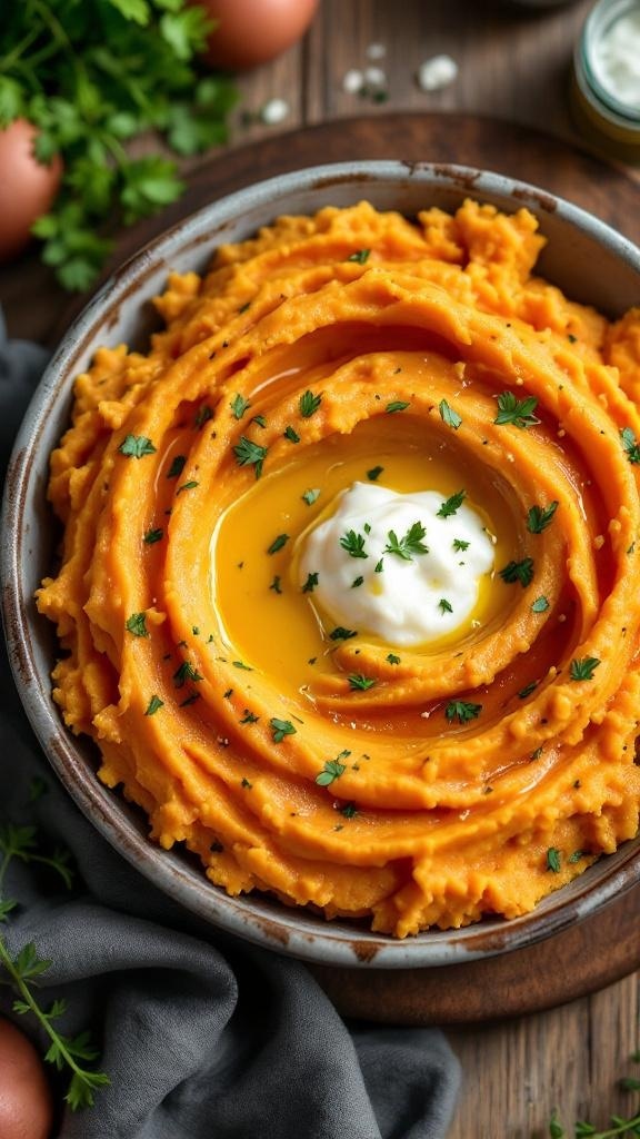A bowl of creamy sweet potato mash topped with cottage cheese and garnished with parsley.