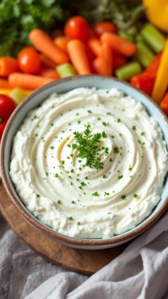 A bowl of cottage cheese dip garnished with herbs, surrounded by fresh vegetables like carrots, cherry tomatoes, and bell peppers.