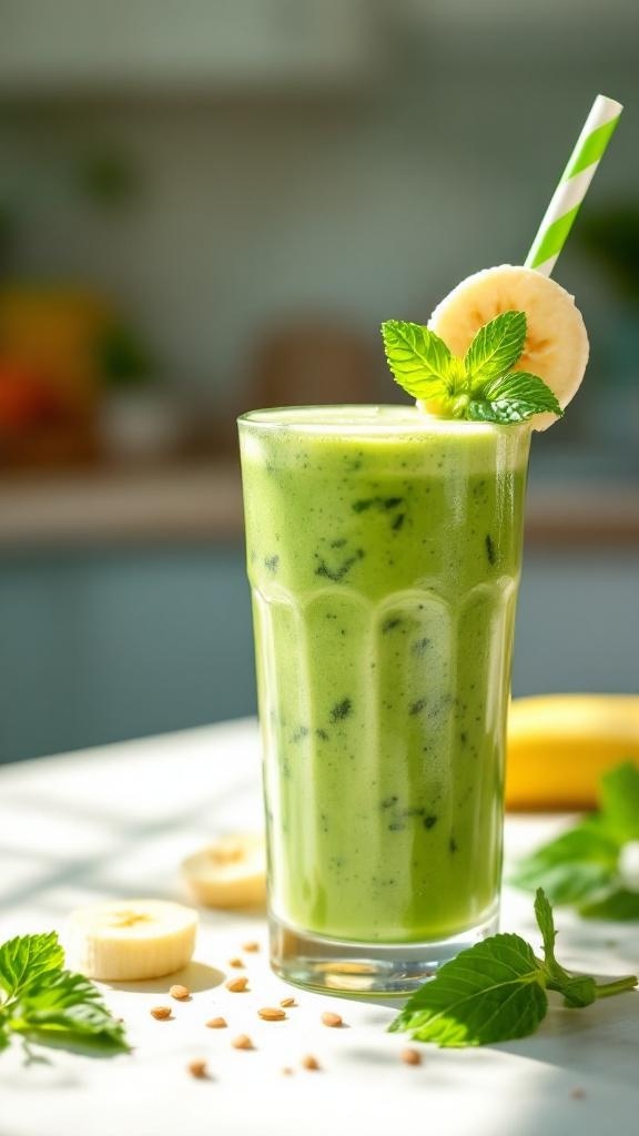 A refreshing green cottage cheese smoothie in a glass, garnished with banana slices and mint leaves.